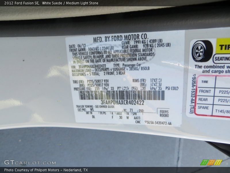 White Suede / Medium Light Stone 2012 Ford Fusion SE