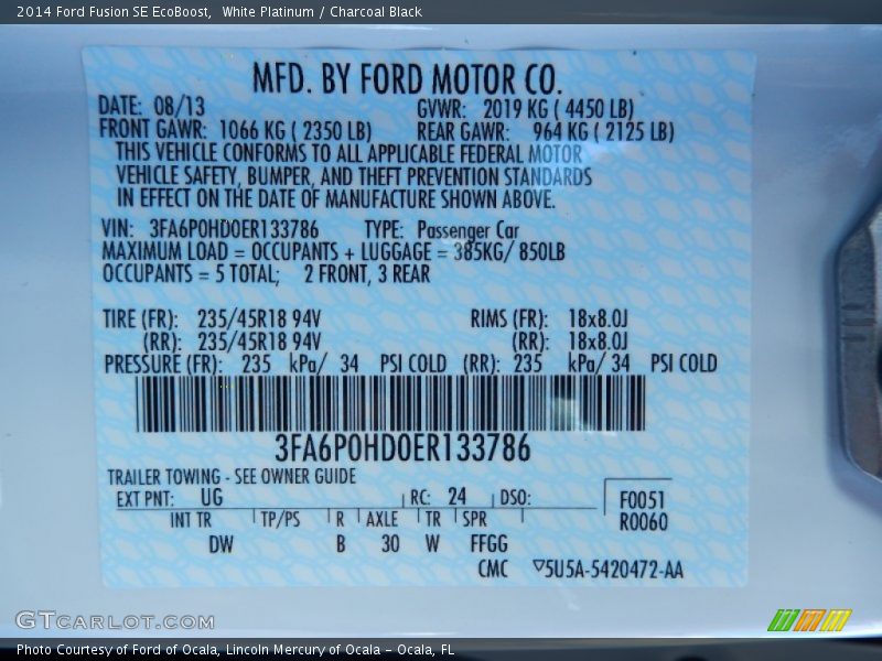 White Platinum / Charcoal Black 2014 Ford Fusion SE EcoBoost