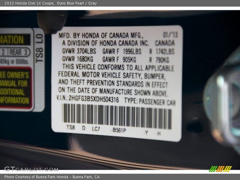 Dyno Blue Pearl / Gray 2013 Honda Civic LX Coupe