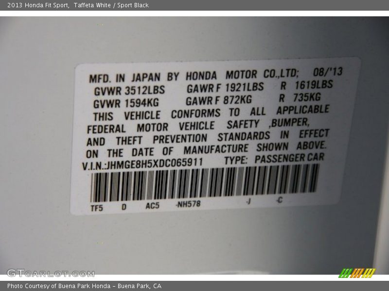 Taffeta White / Sport Black 2013 Honda Fit Sport