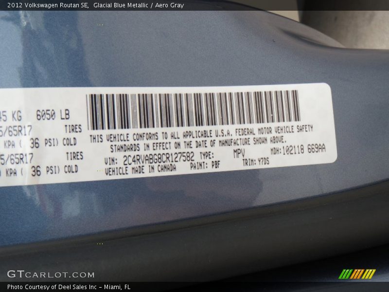Glacial Blue Metallic / Aero Gray 2012 Volkswagen Routan SE
