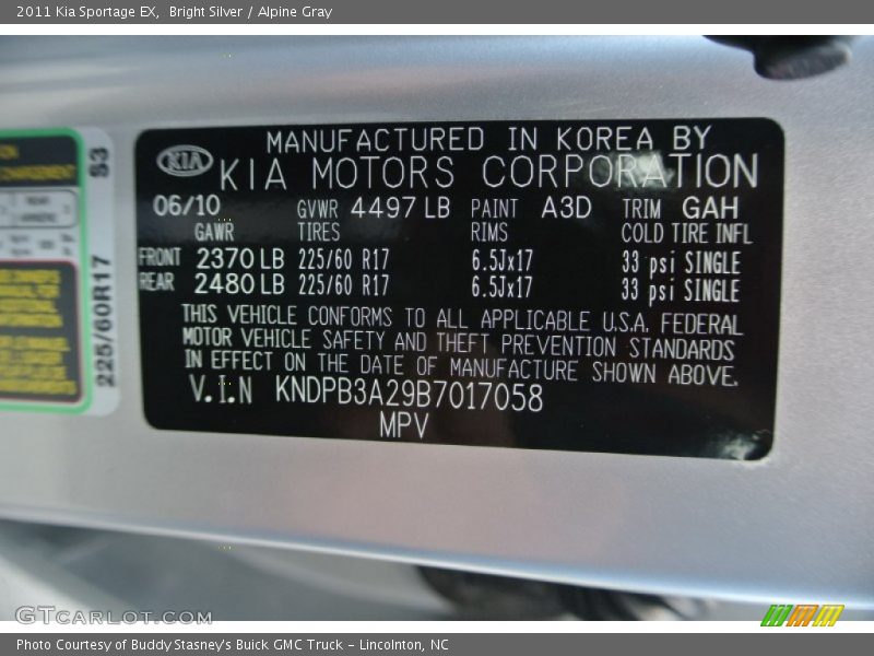 2011 Sportage EX Bright Silver Color Code A3D