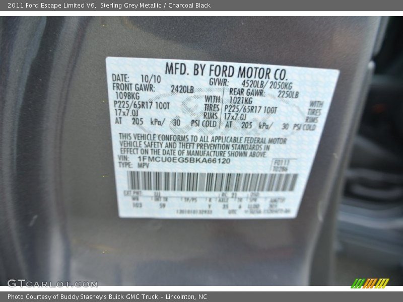 Sterling Grey Metallic / Charcoal Black 2011 Ford Escape Limited V6