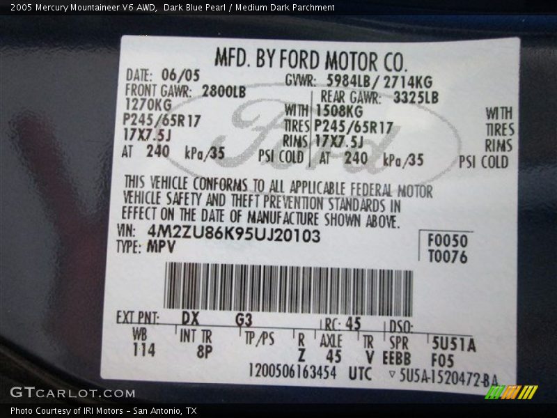 Dark Blue Pearl / Medium Dark Parchment 2005 Mercury Mountaineer V6 AWD