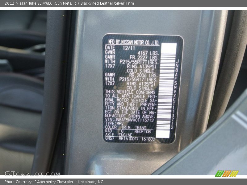 Gun Metallic / Black/Red Leather/Silver Trim 2012 Nissan Juke SL AWD