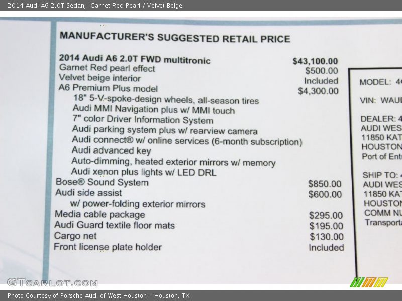 Garnet Red Pearl / Velvet Beige 2014 Audi A6 2.0T Sedan