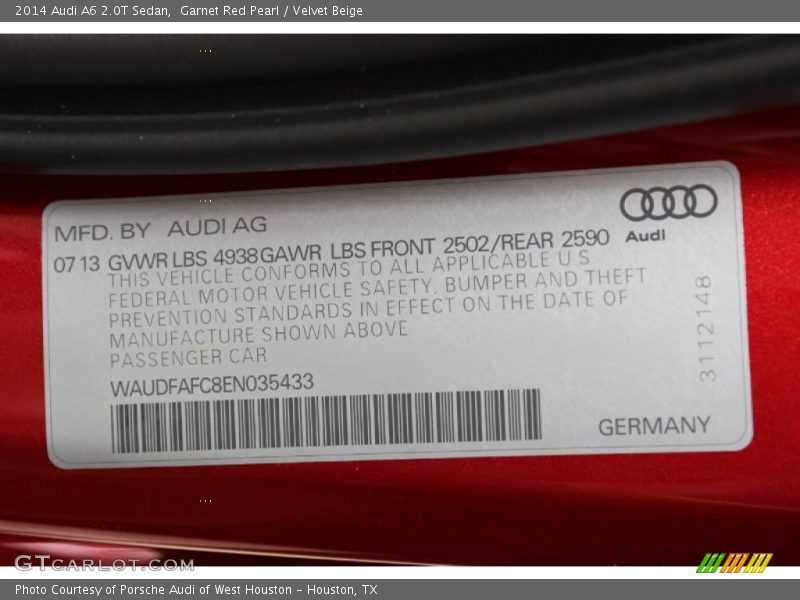 Garnet Red Pearl / Velvet Beige 2014 Audi A6 2.0T Sedan