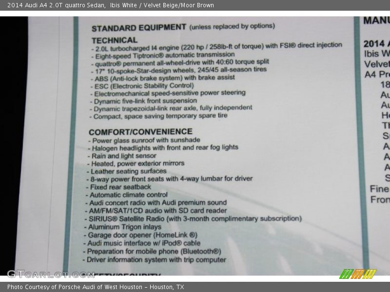 Ibis White / Velvet Beige/Moor Brown 2014 Audi A4 2.0T quattro Sedan