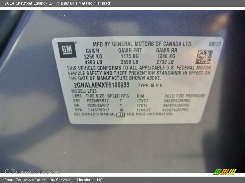 Atlantis Blue Metallic / Jet Black 2014 Chevrolet Equinox LS