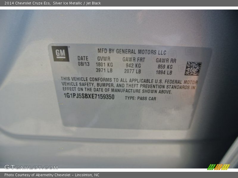 Silver Ice Metallic / Jet Black 2014 Chevrolet Cruze Eco