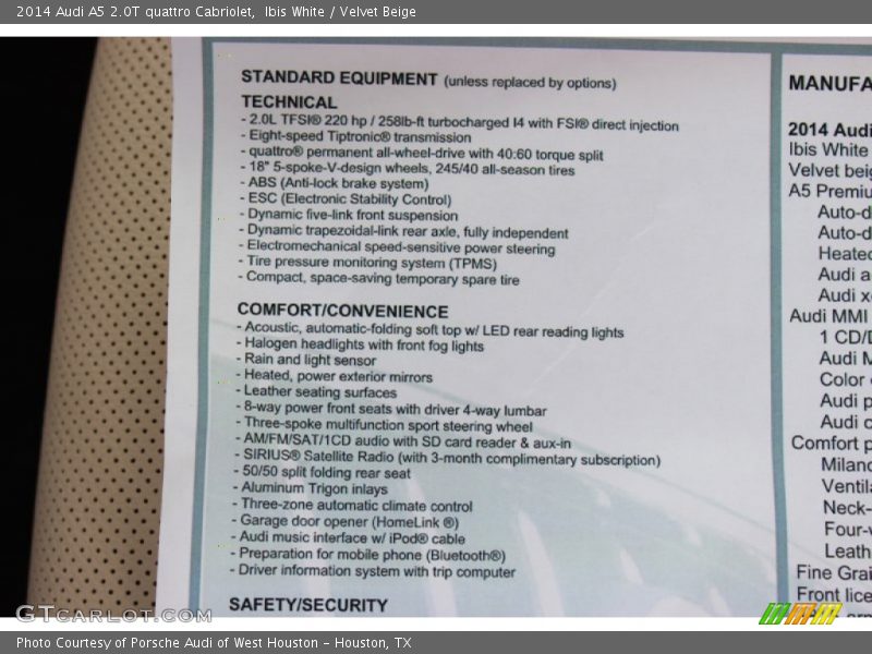  2014 A5 2.0T quattro Cabriolet Window Sticker
