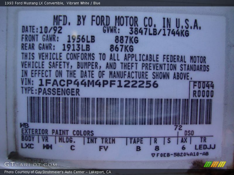 1993 Mustang LX Convertible Vibrant White Color Code WB