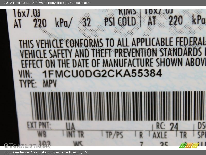 Ebony Black / Charcoal Black 2012 Ford Escape XLT V6