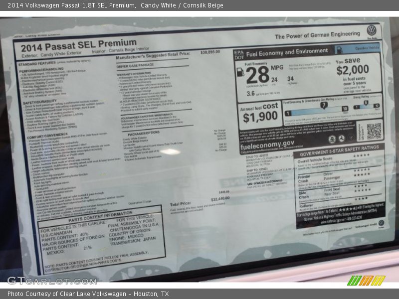 Candy White / Cornsilk Beige 2014 Volkswagen Passat 1.8T SEL Premium