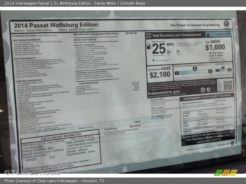 Candy White / Cornsilk Beige 2014 Volkswagen Passat 2.5L Wolfsburg Edition
