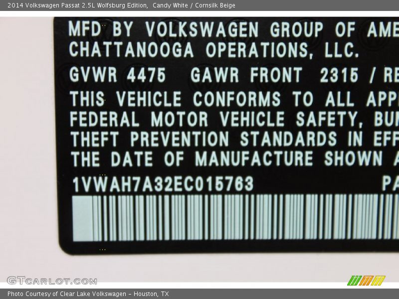 Candy White / Cornsilk Beige 2014 Volkswagen Passat 2.5L Wolfsburg Edition