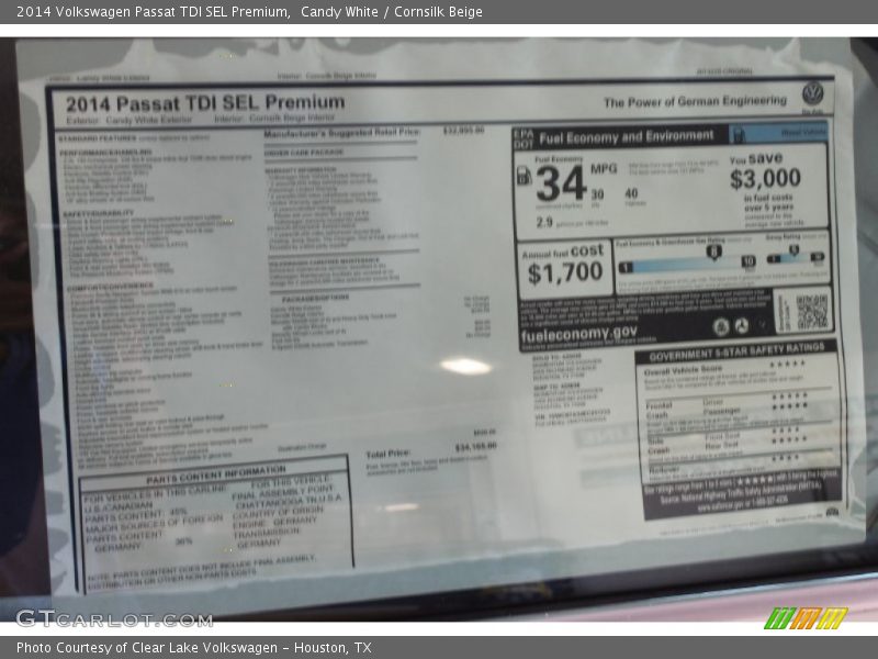 Candy White / Cornsilk Beige 2014 Volkswagen Passat TDI SEL Premium