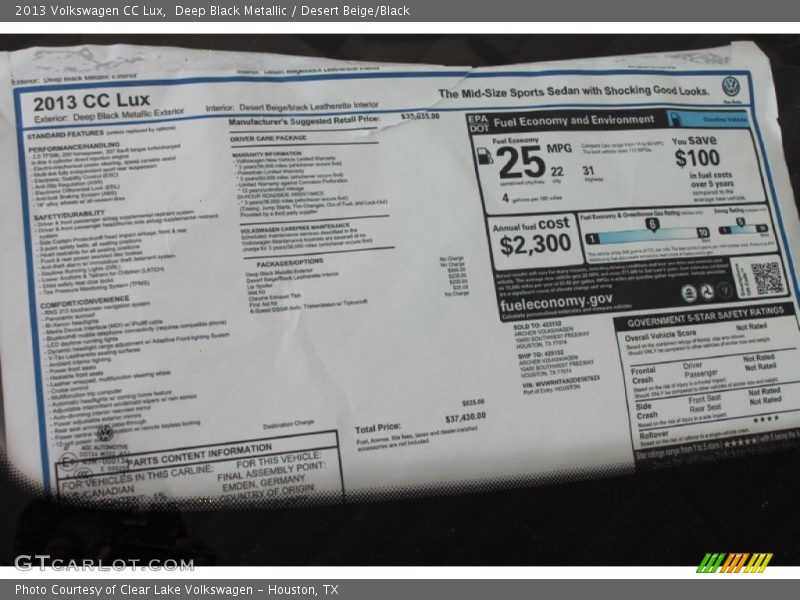 Deep Black Metallic / Desert Beige/Black 2013 Volkswagen CC Lux