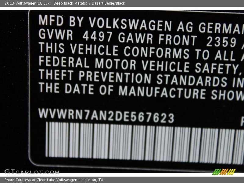 Deep Black Metallic / Desert Beige/Black 2013 Volkswagen CC Lux