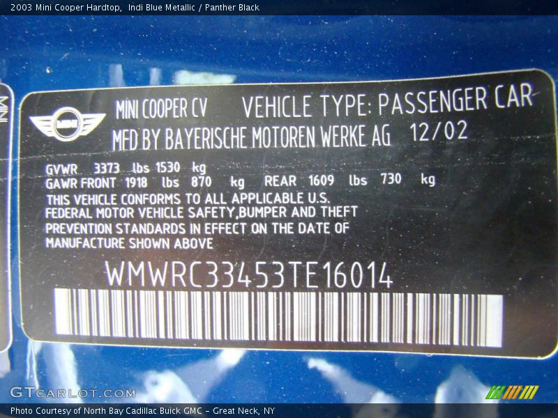 Indi Blue Metallic / Panther Black 2003 Mini Cooper Hardtop