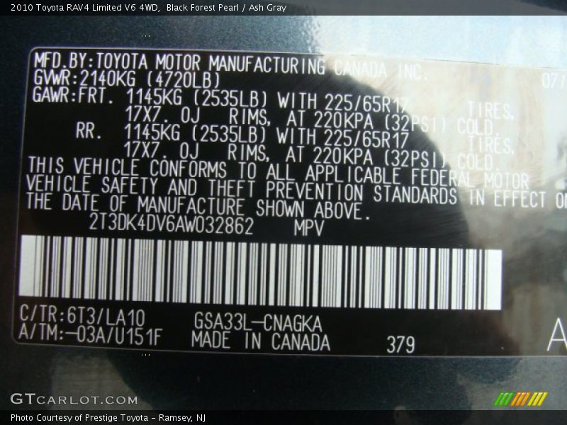 Black Forest Pearl / Ash Gray 2010 Toyota RAV4 Limited V6 4WD