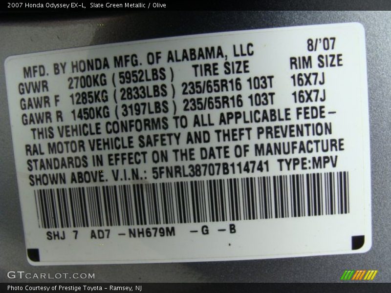 Slate Green Metallic / Olive 2007 Honda Odyssey EX-L