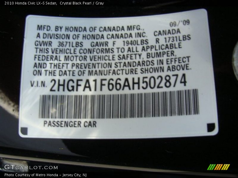 Crystal Black Pearl / Gray 2010 Honda Civic LX-S Sedan
