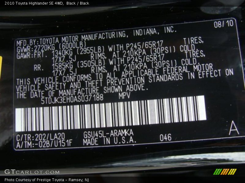 Black / Black 2010 Toyota Highlander SE 4WD