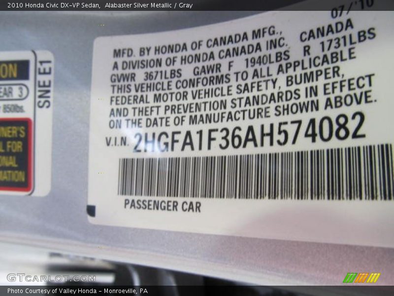 Alabaster Silver Metallic / Gray 2010 Honda Civic DX-VP Sedan