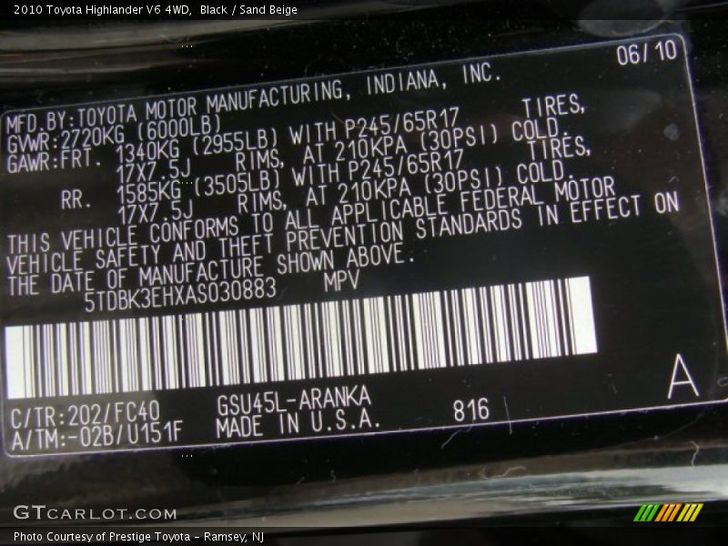 Black / Sand Beige 2010 Toyota Highlander V6 4WD