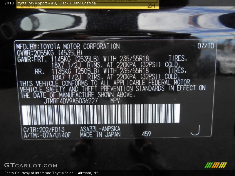 Black / Dark Charcoal 2010 Toyota RAV4 Sport 4WD