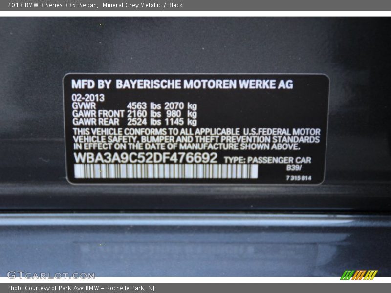 Mineral Grey Metallic / Black 2013 BMW 3 Series 335i Sedan