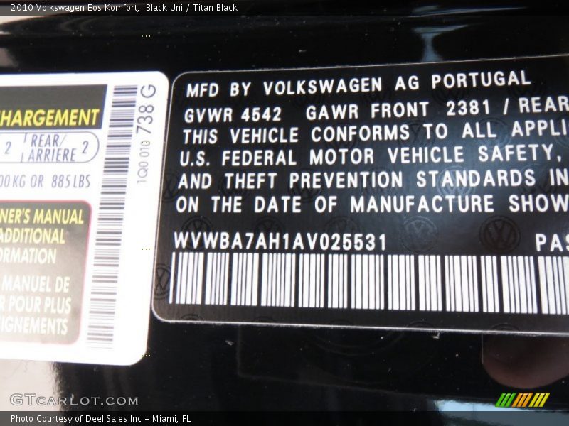 Black Uni / Titan Black 2010 Volkswagen Eos Komfort
