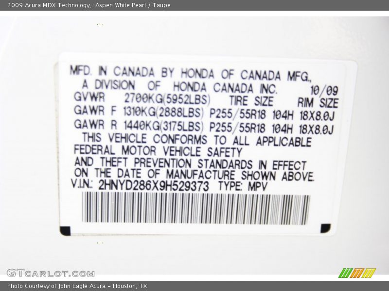 Aspen White Pearl / Taupe 2009 Acura MDX Technology