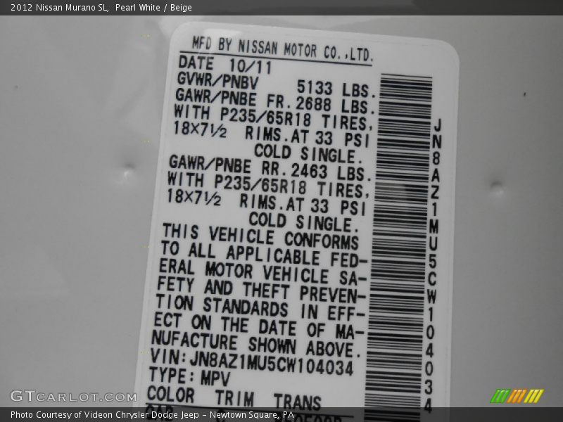 Pearl White / Beige 2012 Nissan Murano SL