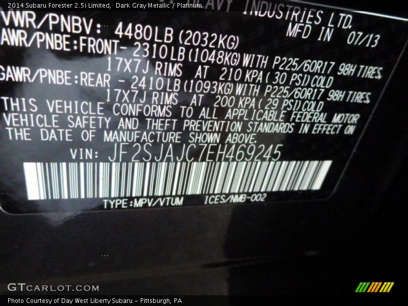Dark Gray Metallic / Platinum 2014 Subaru Forester 2.5i Limited