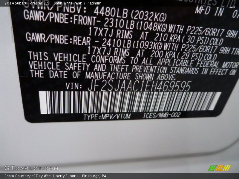 Satin White Pearl / Platinum 2014 Subaru Forester 2.5i
