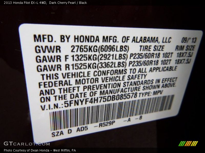 Dark Cherry Pearl / Black 2013 Honda Pilot EX-L 4WD