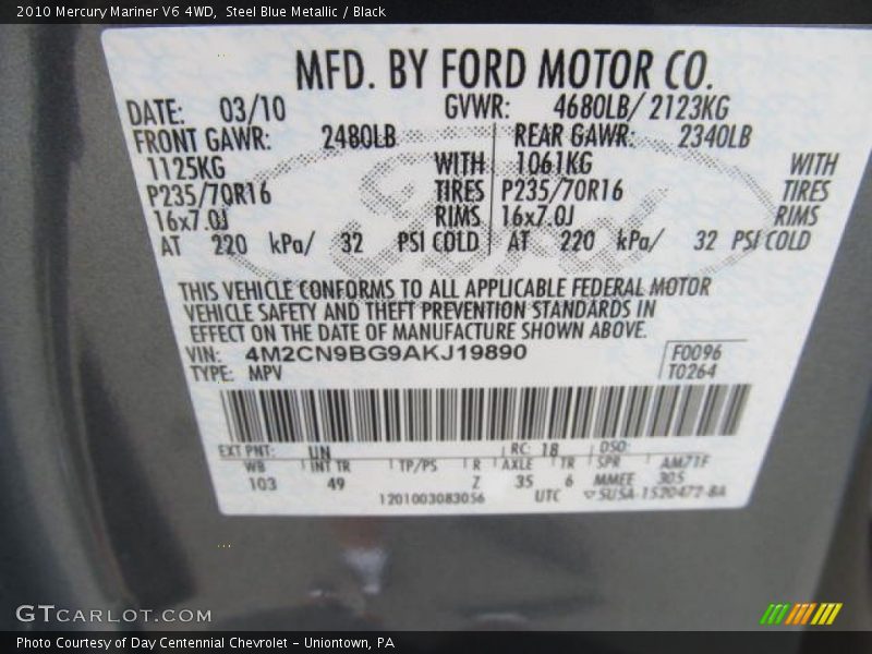 Steel Blue Metallic / Black 2010 Mercury Mariner V6 4WD