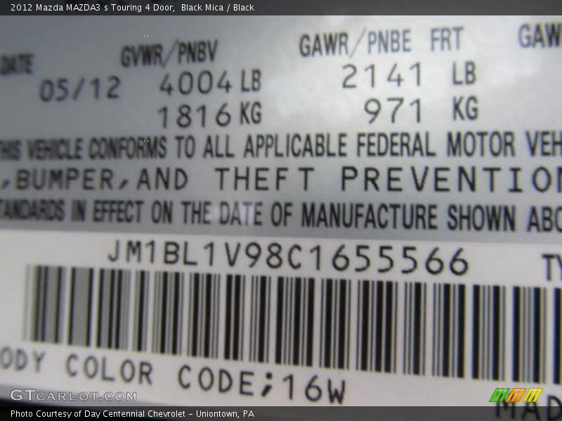 2012 MAZDA3 s Touring 4 Door Black Mica Color Code 16W
