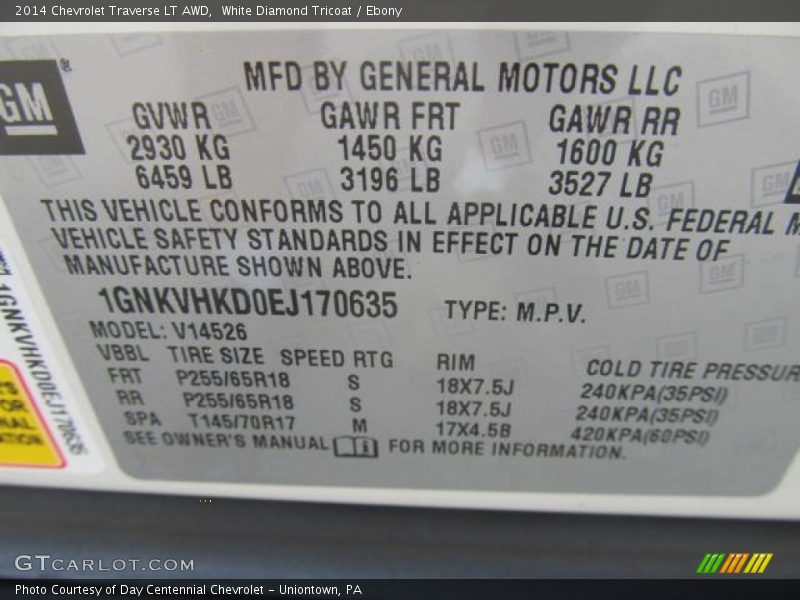 White Diamond Tricoat / Ebony 2014 Chevrolet Traverse LT AWD