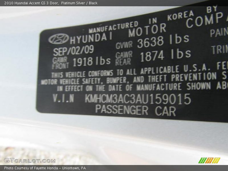 Platinum Silver / Black 2010 Hyundai Accent GS 3 Door