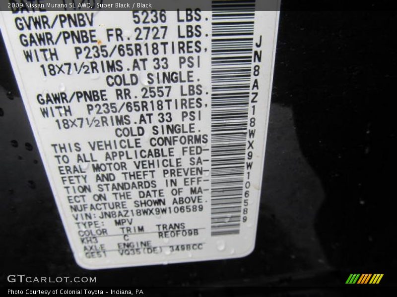 Super Black / Black 2009 Nissan Murano SL AWD