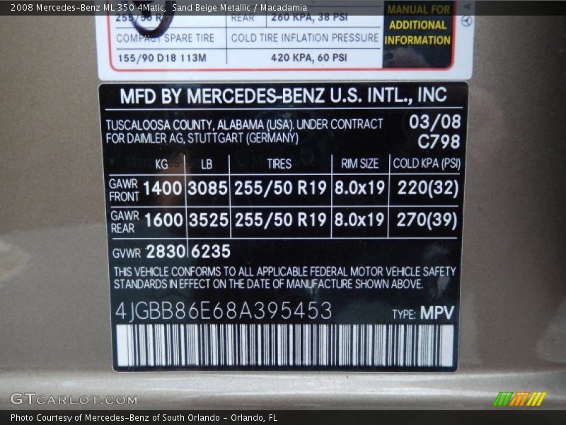 Sand Beige Metallic / Macadamia 2008 Mercedes-Benz ML 350 4Matic