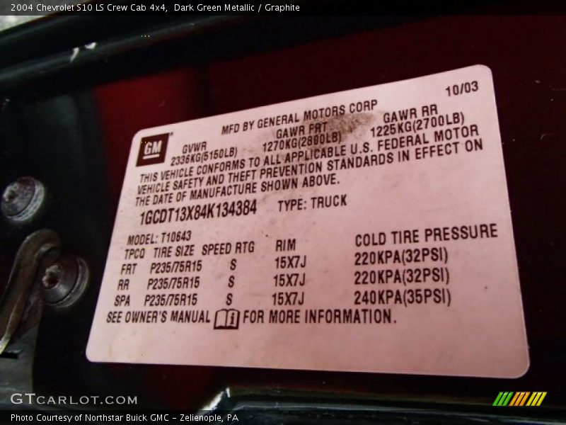 Dark Green Metallic / Graphite 2004 Chevrolet S10 LS Crew Cab 4x4