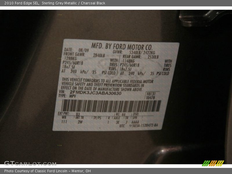 Sterling Grey Metallic / Charcoal Black 2010 Ford Edge SEL