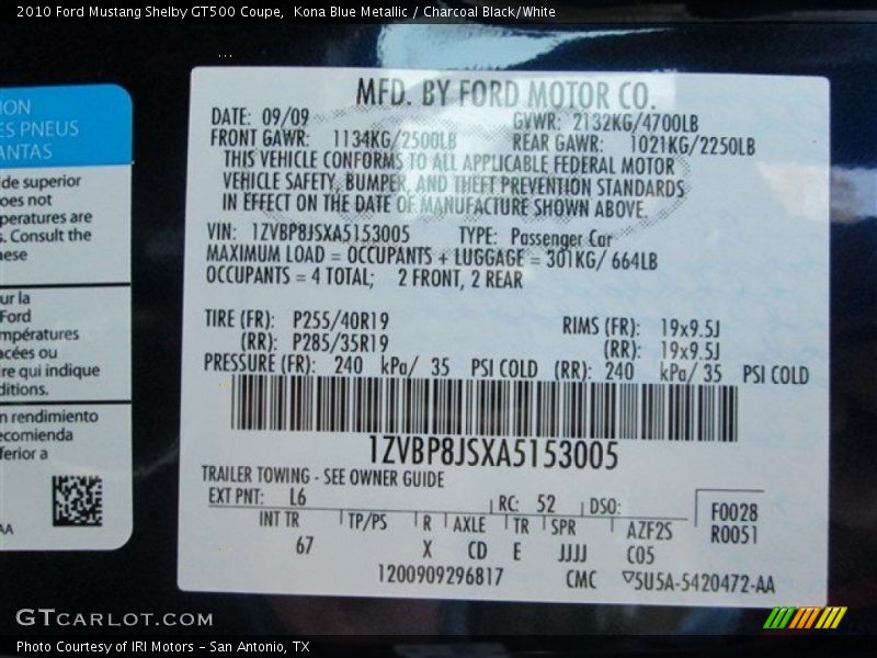 Kona Blue Metallic / Charcoal Black/White 2010 Ford Mustang Shelby GT500 Coupe