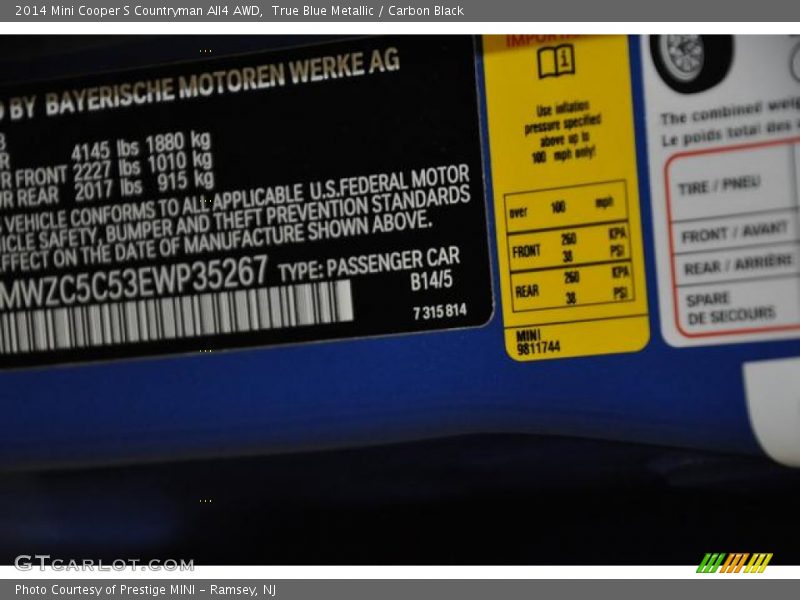 2014 Cooper S Countryman All4 AWD True Blue Metallic Color Code B14