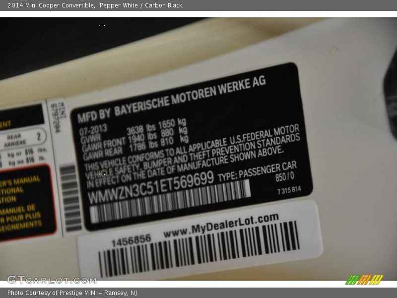 2014 Cooper Convertible Pepper White Color Code 850