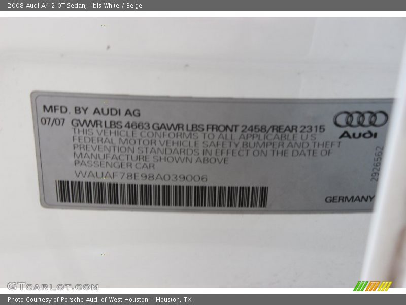 Ibis White / Beige 2008 Audi A4 2.0T Sedan